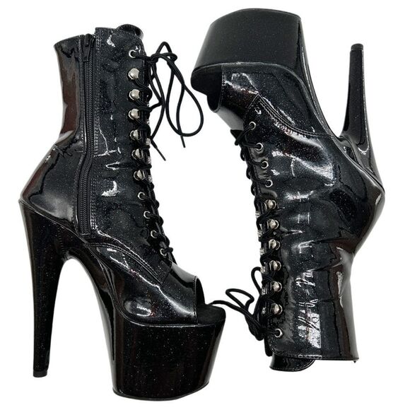 Pleaser Adore 1021GP Black Glitter Peep Toe Side Zip Platform Ankle Boots Size 7 - Picture 5 of 13
